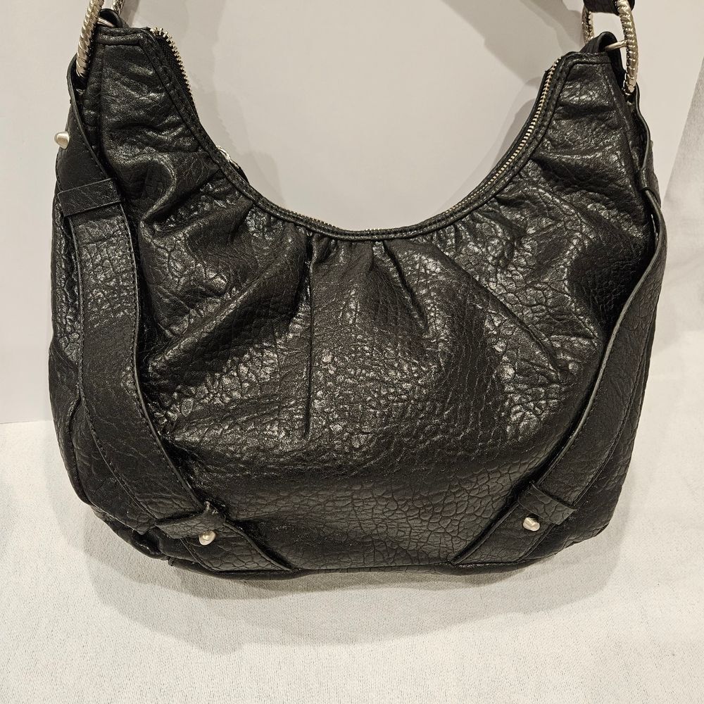 Jessica Simpson Purse Black Pebbled Hobo Shoulder Bag Emboidered Bottom